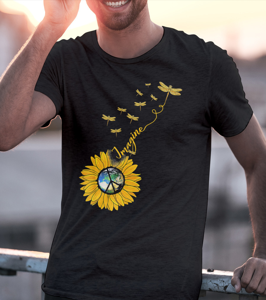 Imagine Peace Earth Sunflower Dragonflies T-Shirt
