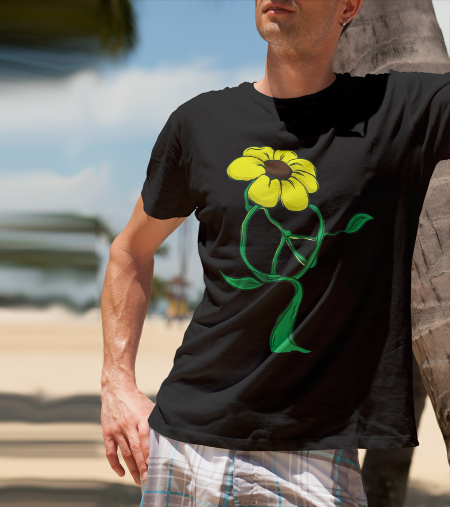 Hippie Yellow Flower Peace Sign Stem Green Leaves T-Shirt