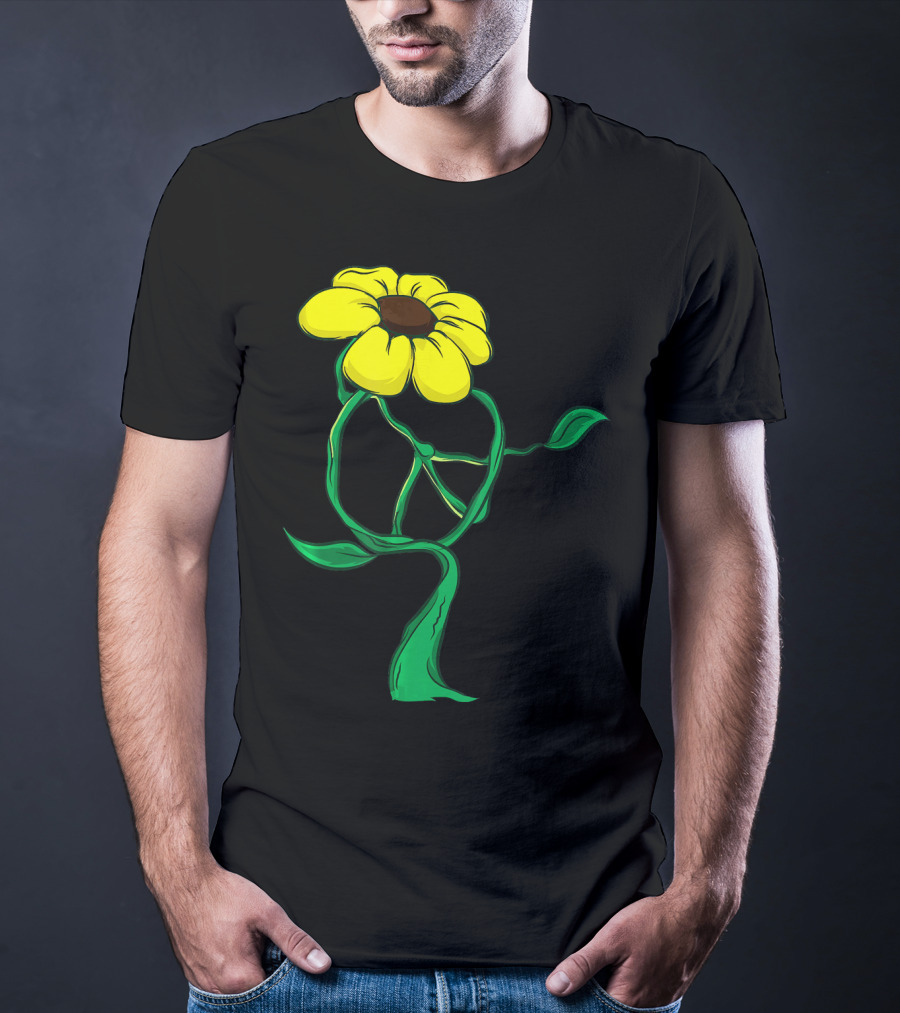 Hippie Yellow Flower Peace Sign Stem Green Leaves T-Shirt