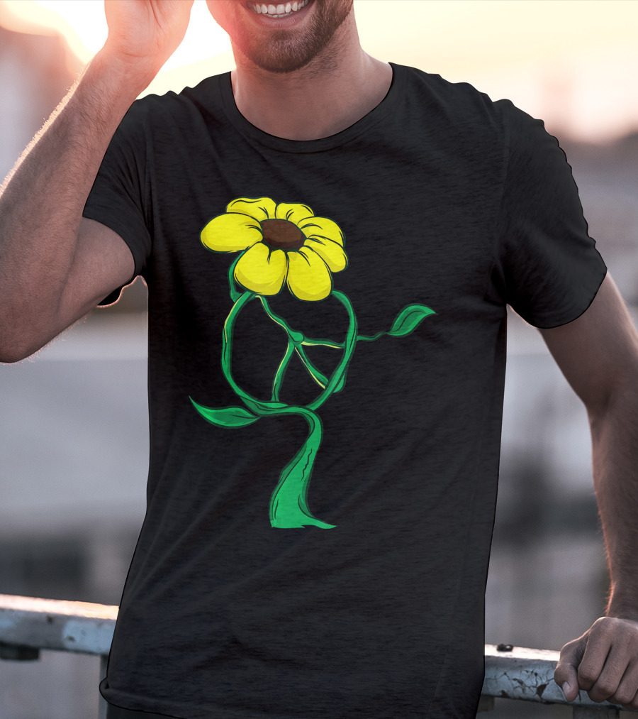 Hippie Yellow Flower Peace Sign Stem Green Leaves T-Shirt
