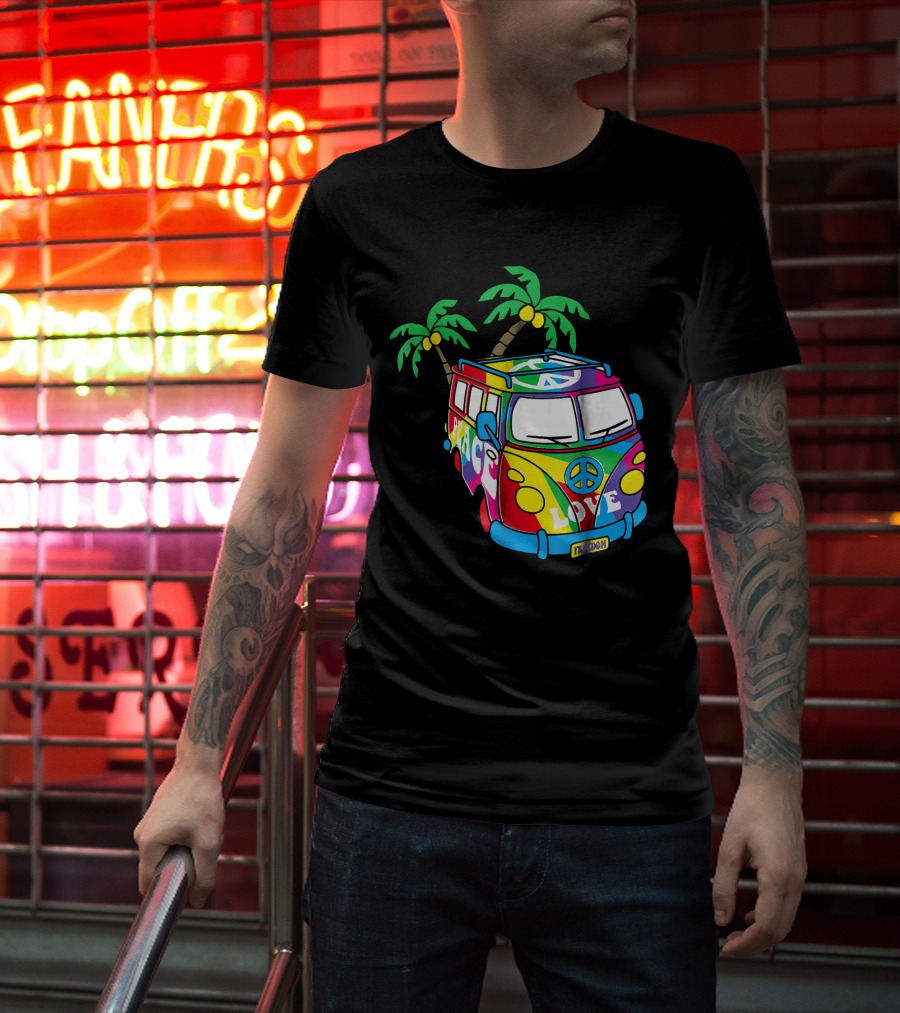 Peace Love Symbol Groovy Retro 60s Hippie Van Palm Trees Psychedelic T-Shirt