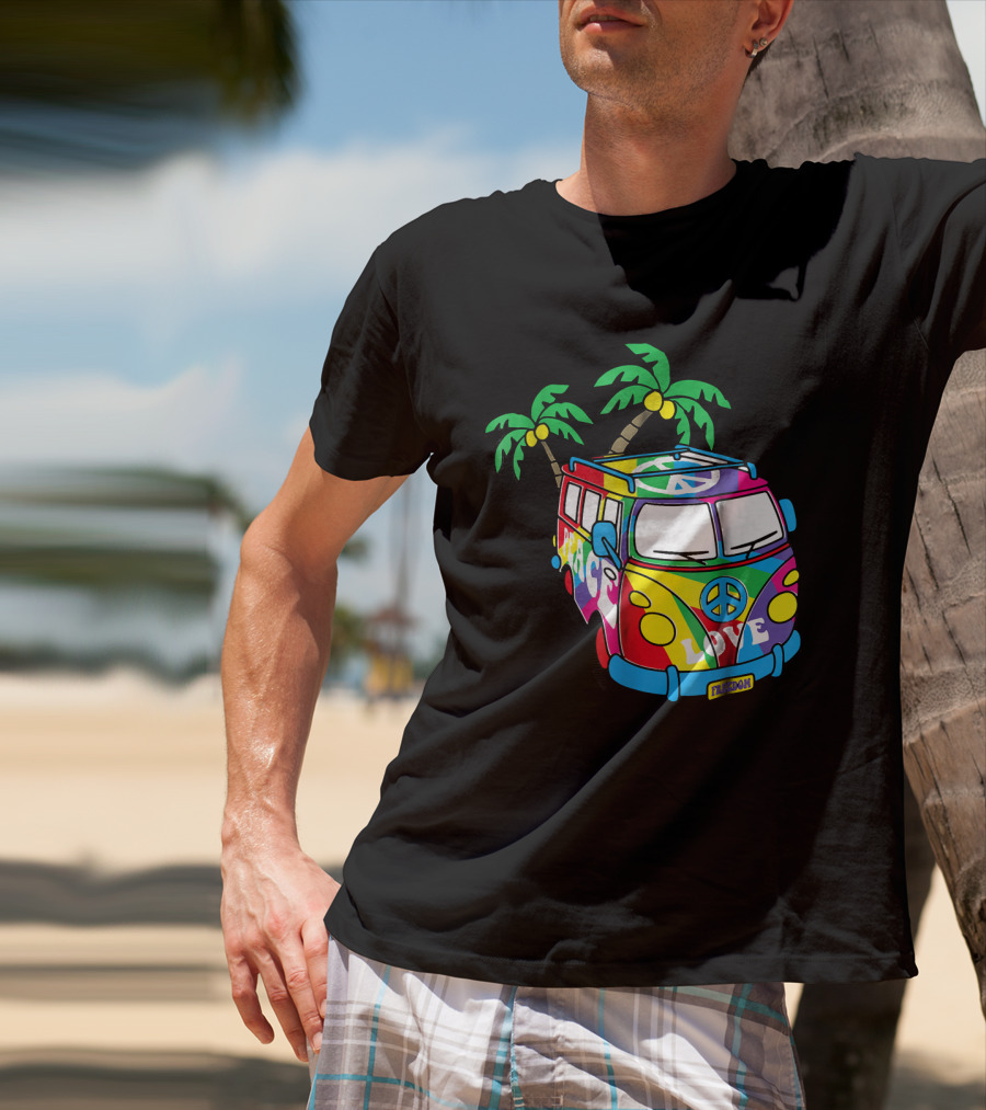 Peace Love Symbol Groovy Retro 60s Hippie Van Palm Trees Psychedelic T-Shirt