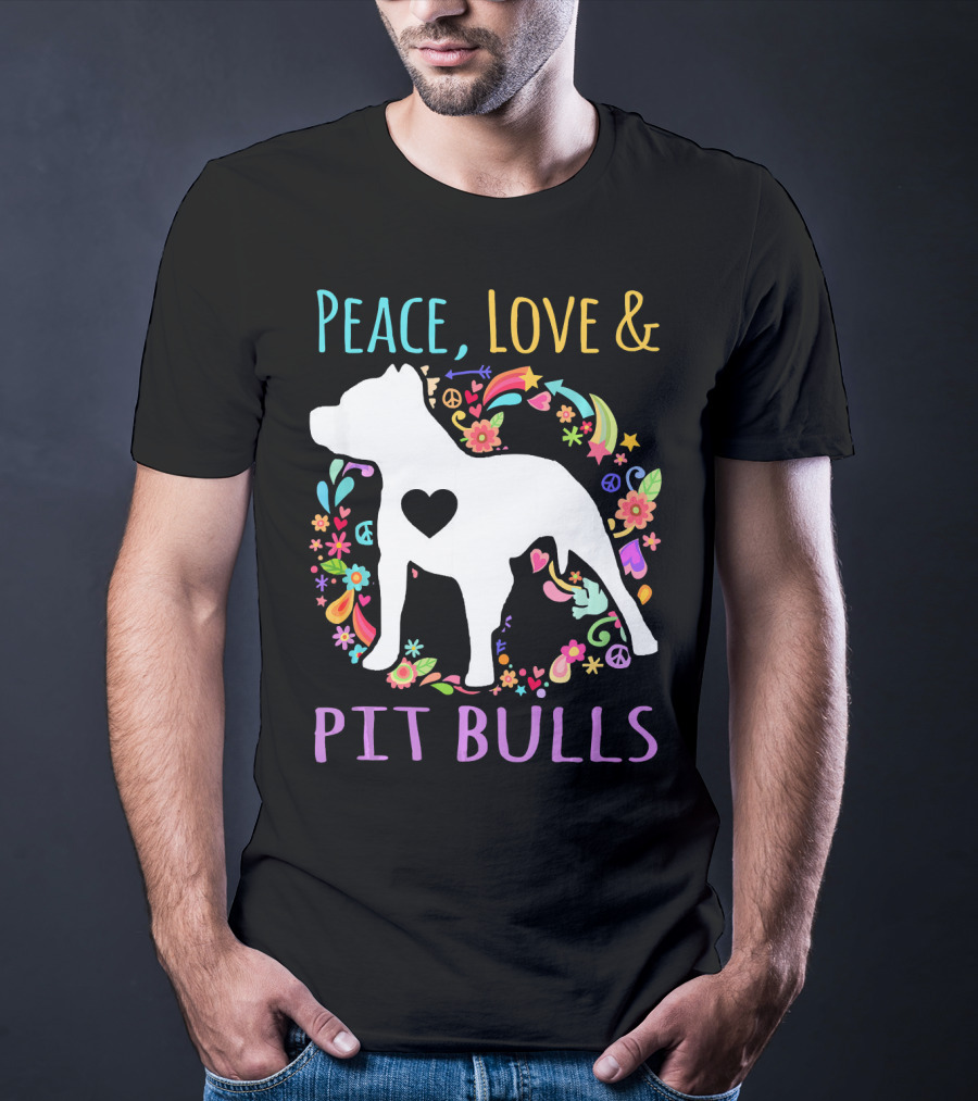 Peace Love And Pit Bulls Colorful Floral Heart Dog T-Shirt