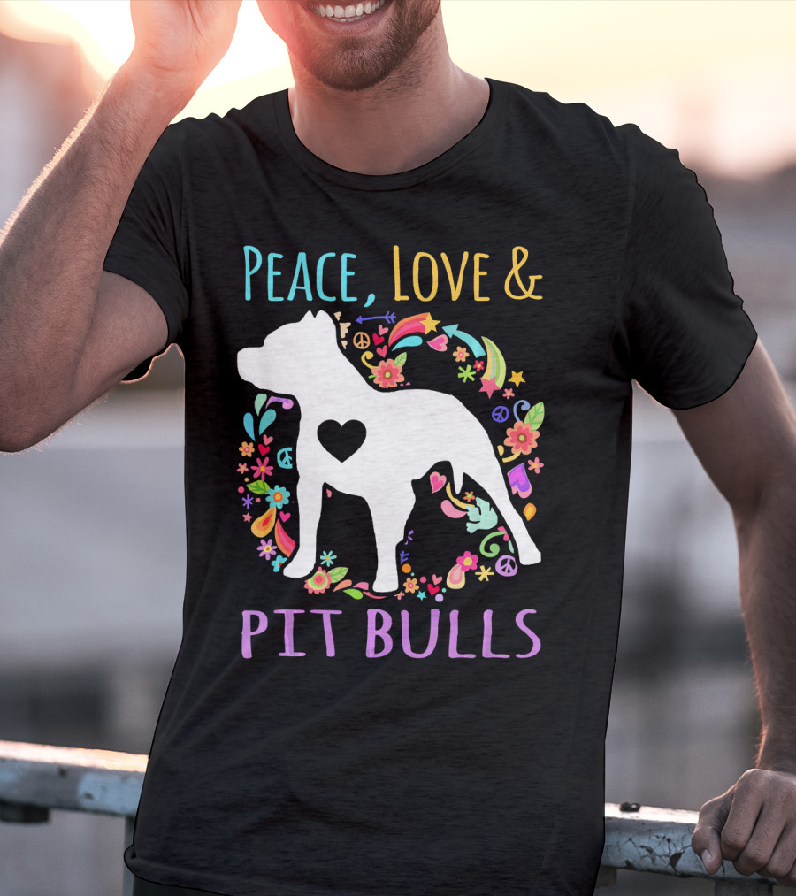 Peace Love And Pit Bulls Colorful Floral Heart Dog T-Shirt