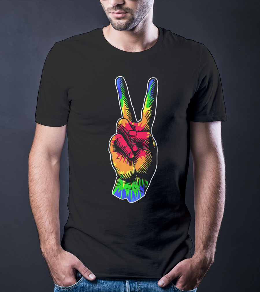 Tye Dye Peace Sign Rainbow Hand Gesture T-Shirt