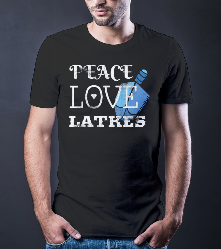 Peace Love Latkes Blue Dreidel T-Shirt