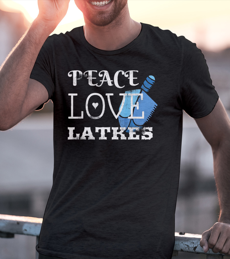 Peace Love Latkes Blue Dreidel T-Shirt