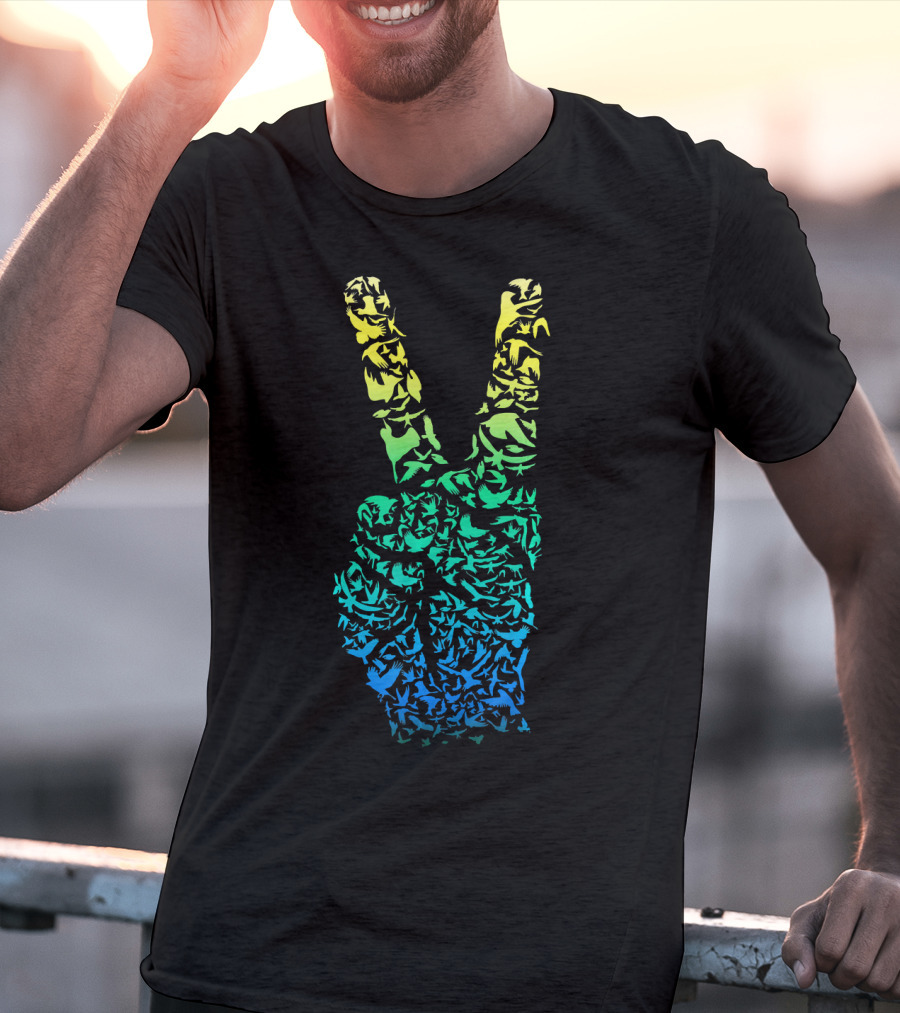Colorful Birds Peace Hand Sign ASL Finger La T-Shirt