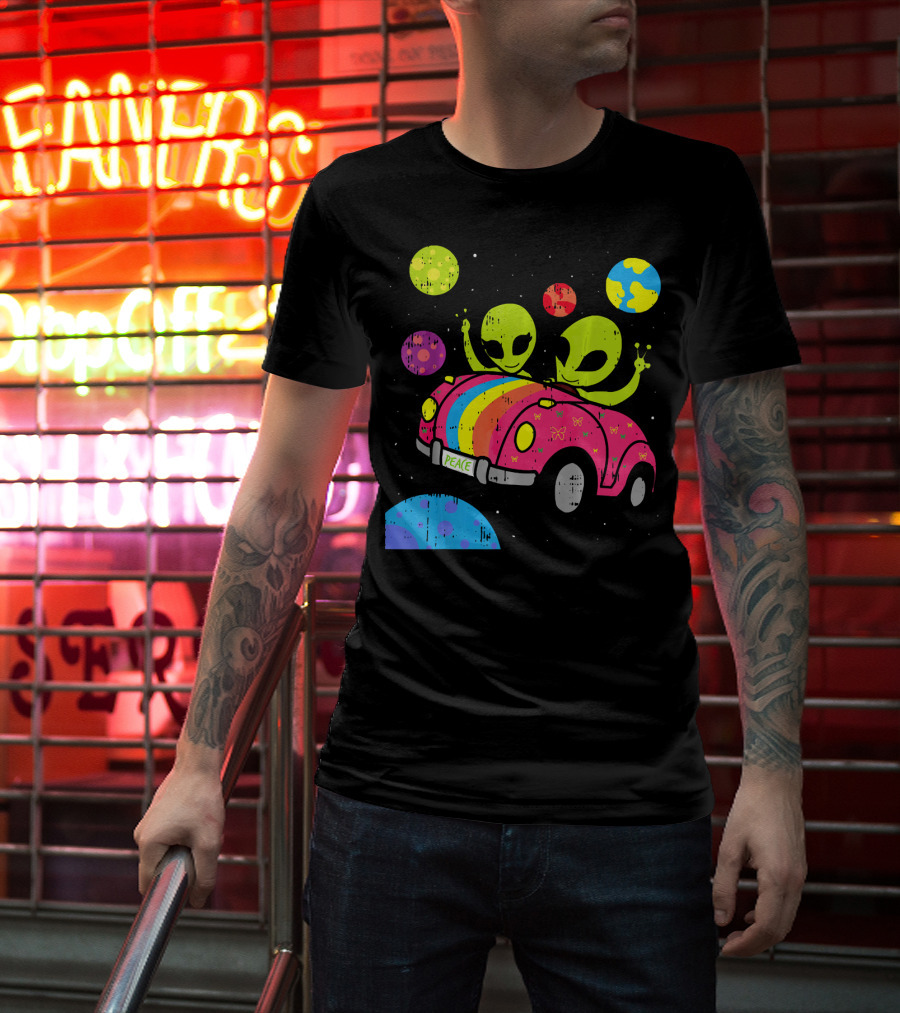 Hippie Alien Space Roadtrip With Peaceful Car And Colorful Planets T-Shirt
