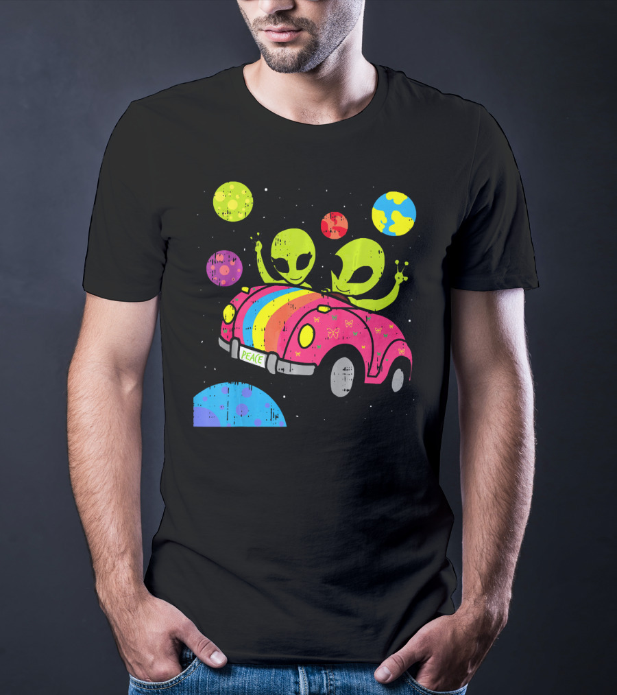 Hippie Alien Space Roadtrip With Peaceful Car And Colorful Planets T-Shirt