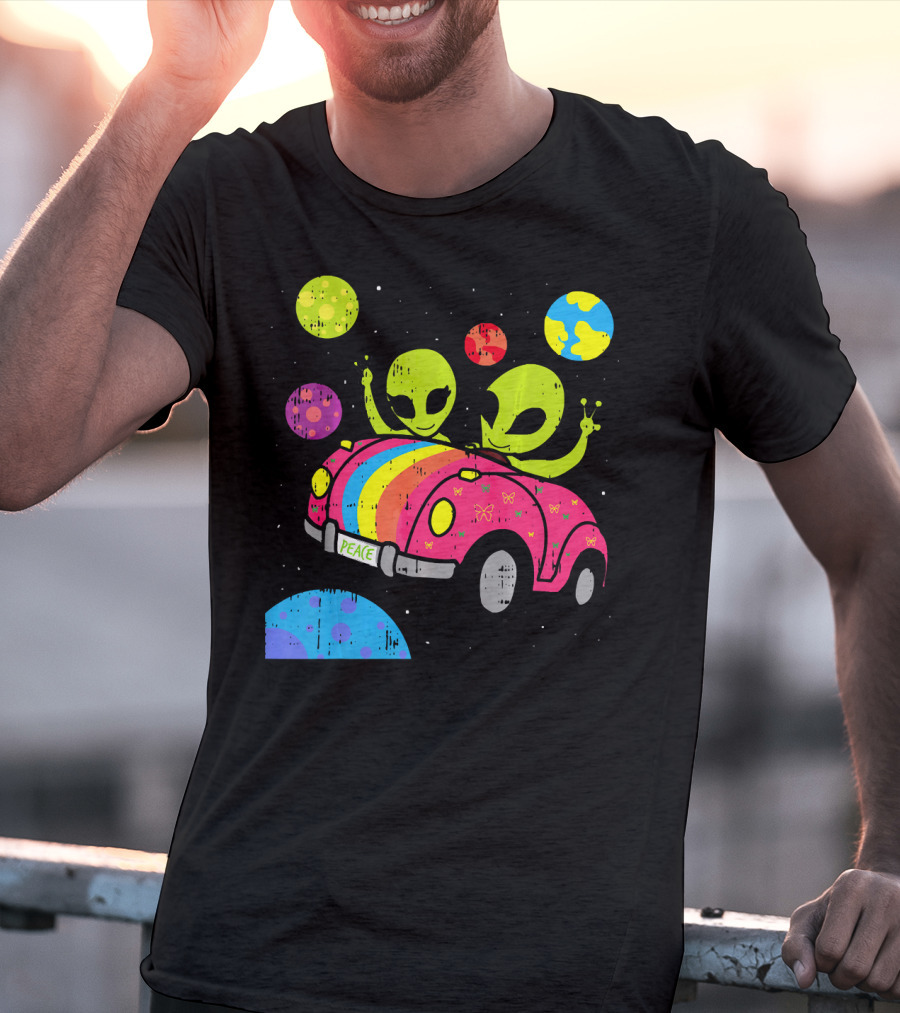 Hippie Alien Space Roadtrip With Peaceful Car And Colorful Planets T-Shirt