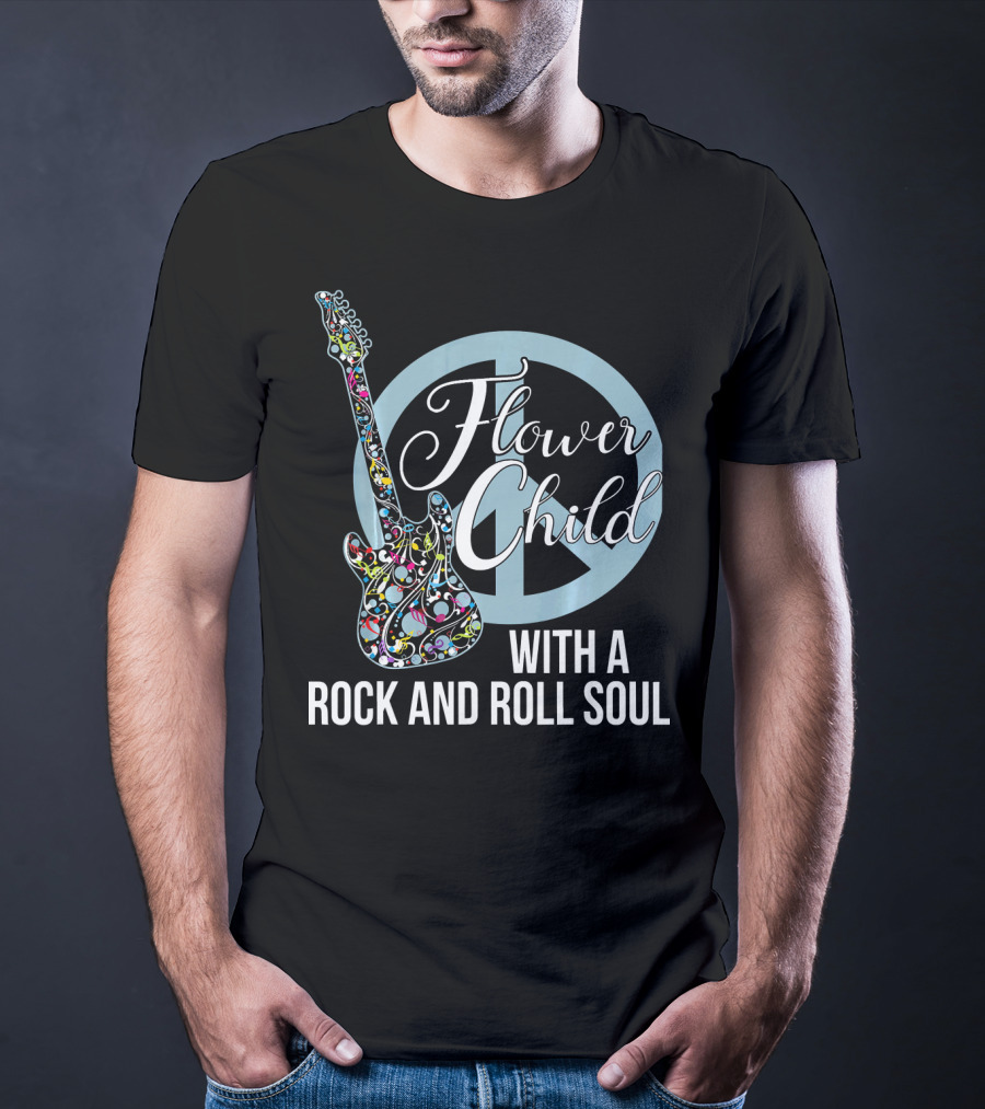 Flower Child With A Rock And Roll Soul Peace Sign Guitar T-Shirt