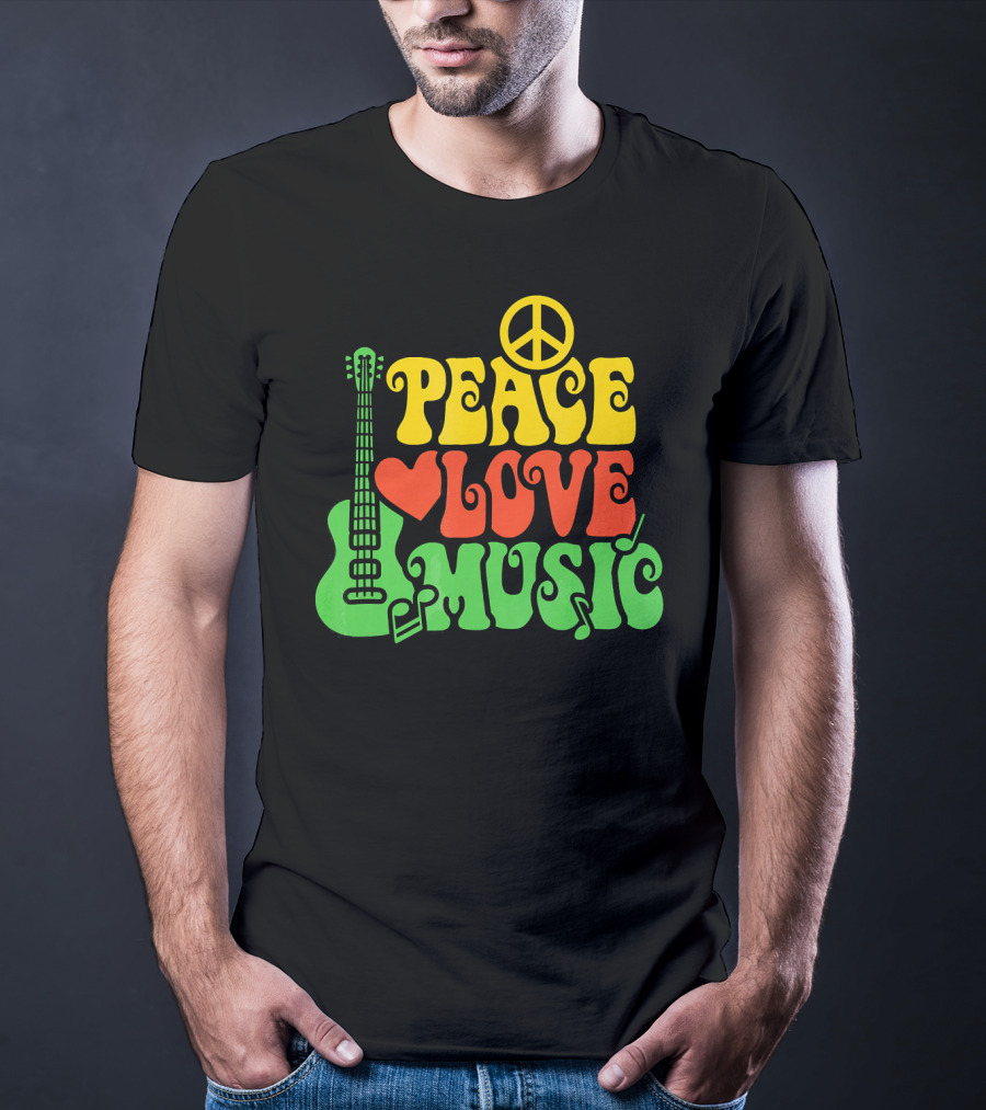 PEACE LOVE MUSIC Reggae Guitar Peace Symbol Heart Notes T-Shirt