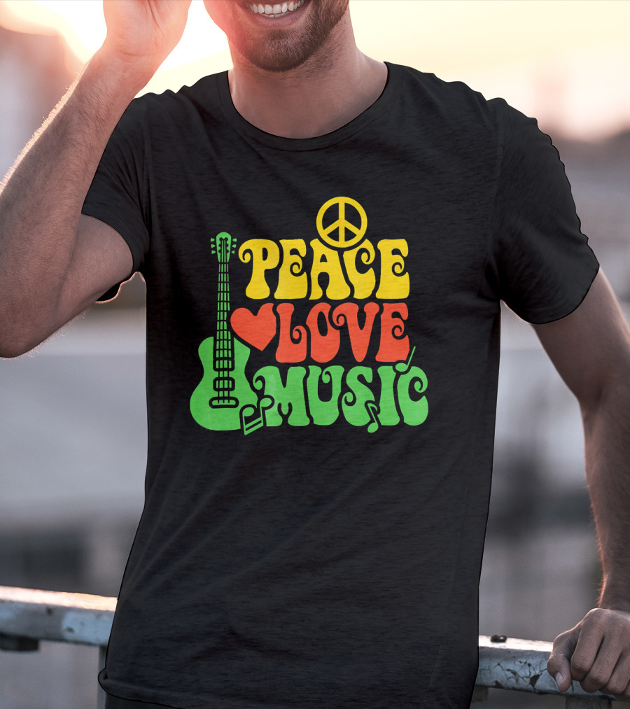 PEACE LOVE MUSIC Reggae Guitar Peace Symbol Heart Notes T-Shirt