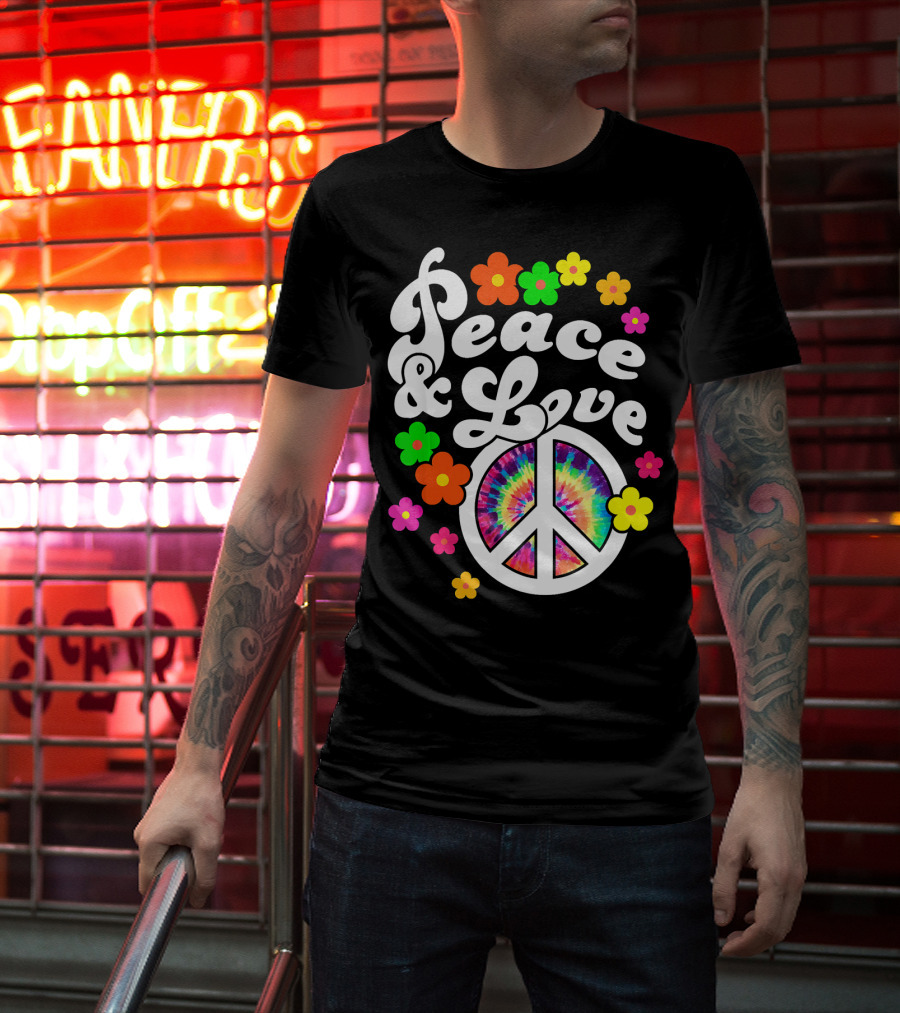 Peace And Love Hippie Sign With Colorful Flower T-Shirt