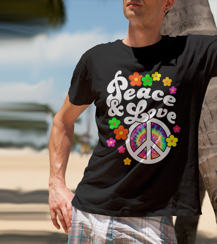 Peace And Love Hippie Sign With Colorful Flower T-Shirt
