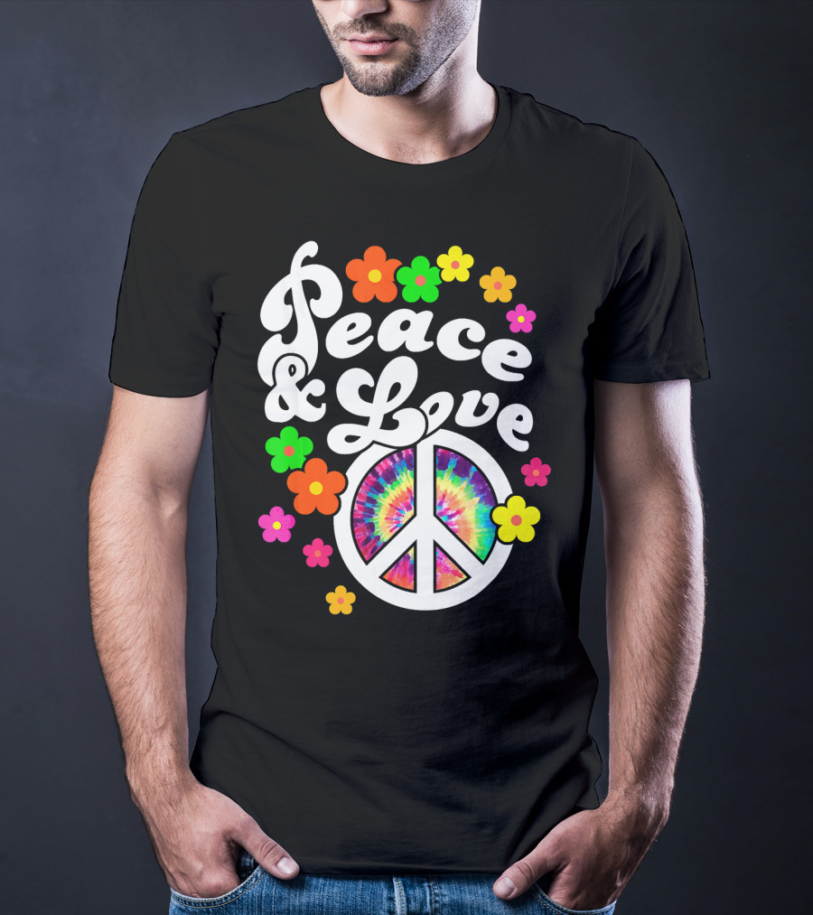 Peace And Love Hippie Sign With Colorful Flower T-Shirt