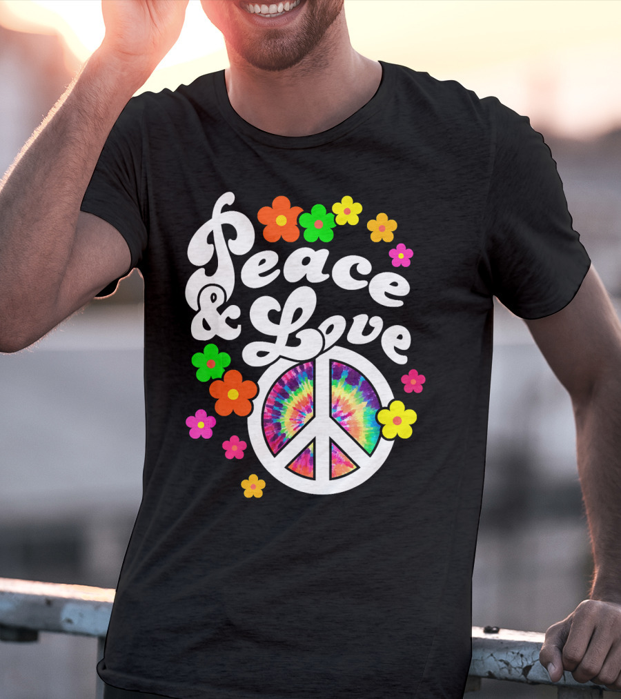 Peace And Love Hippie Sign With Colorful Flower T-Shirt