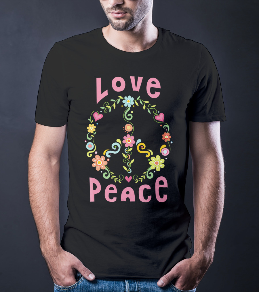 Love Peace Hippie Flowers And Hearts T-Shirt