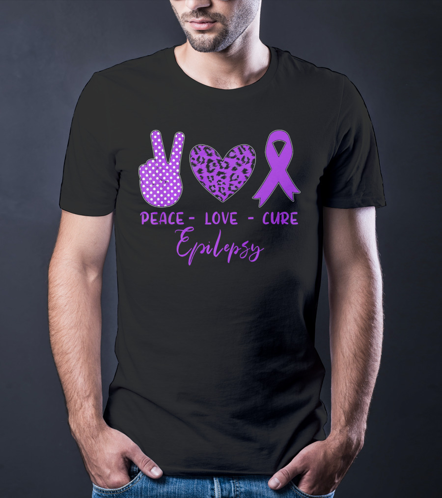 Peace Love Cure Epilepsy Purple Ribbon Polka Dot Leopard Print T-Shirt