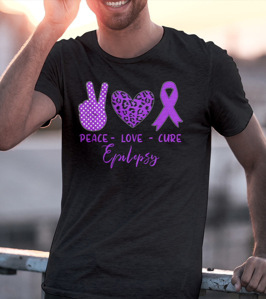 Peace Love Cure Epilepsy Purple Ribbon Polka Dot Leopard Print T-Shirt