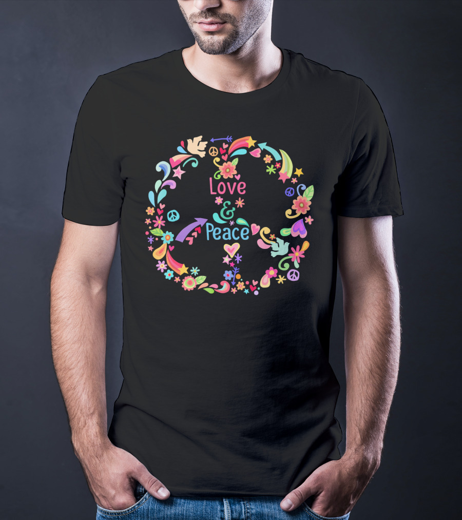 Love And Peace Hippie 60s 70s Floral T-Shirt
