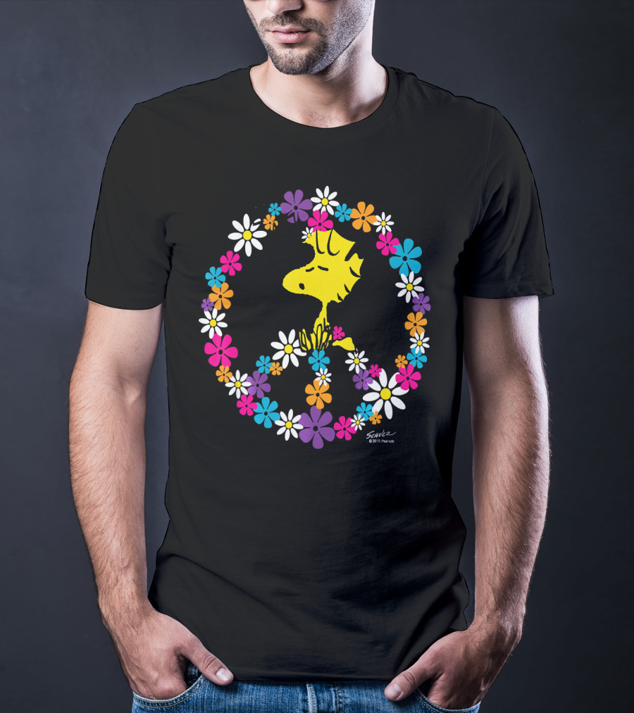 Peanuts Woodstock Surrounded By Peace Sign And Vibrant Floral T-Shirt