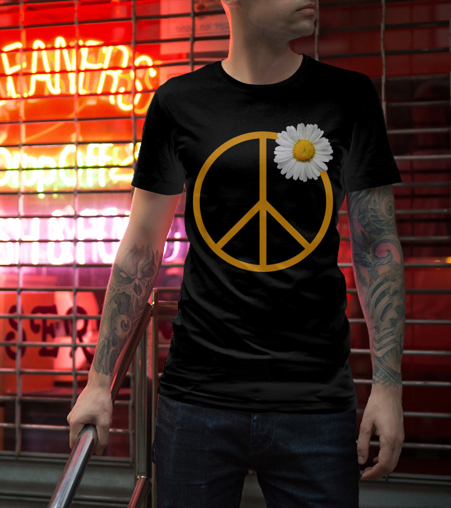 Peace Sign Yellow Outline White Daisy Flower Boho Hip T-Shirt