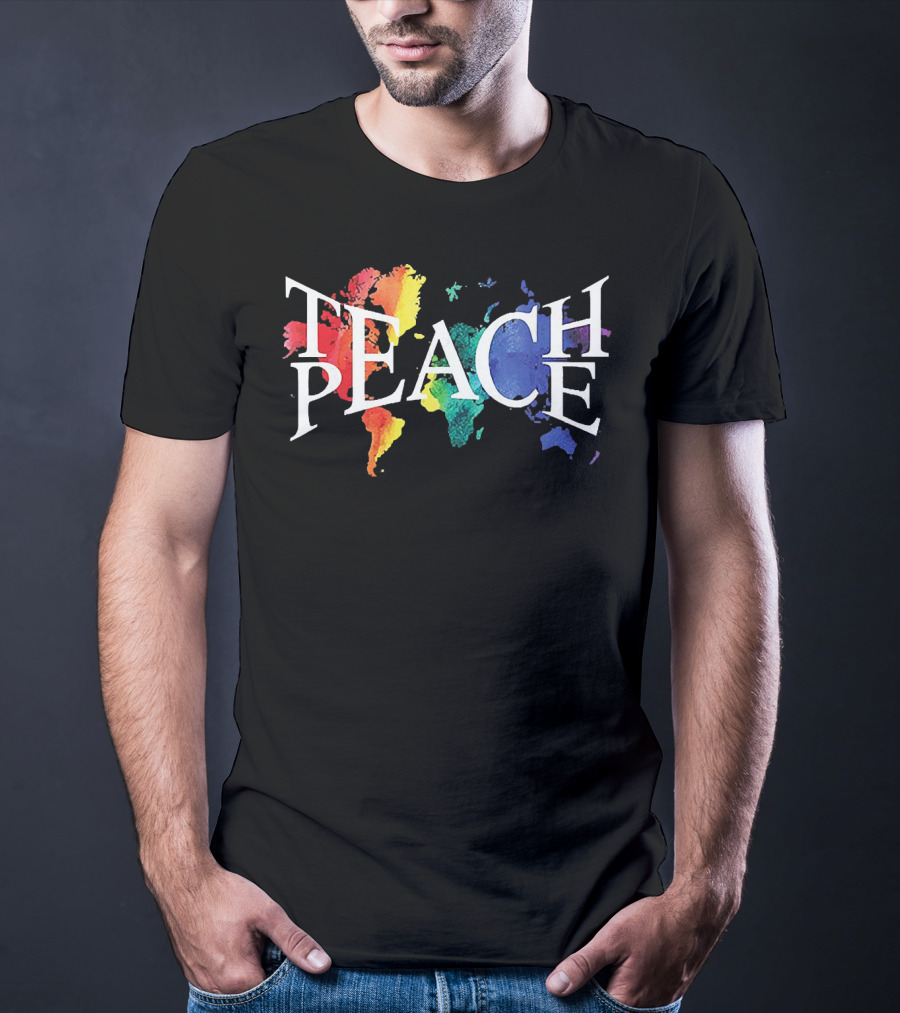 Teach Peace World Map Rainbow Colors T-Shirt