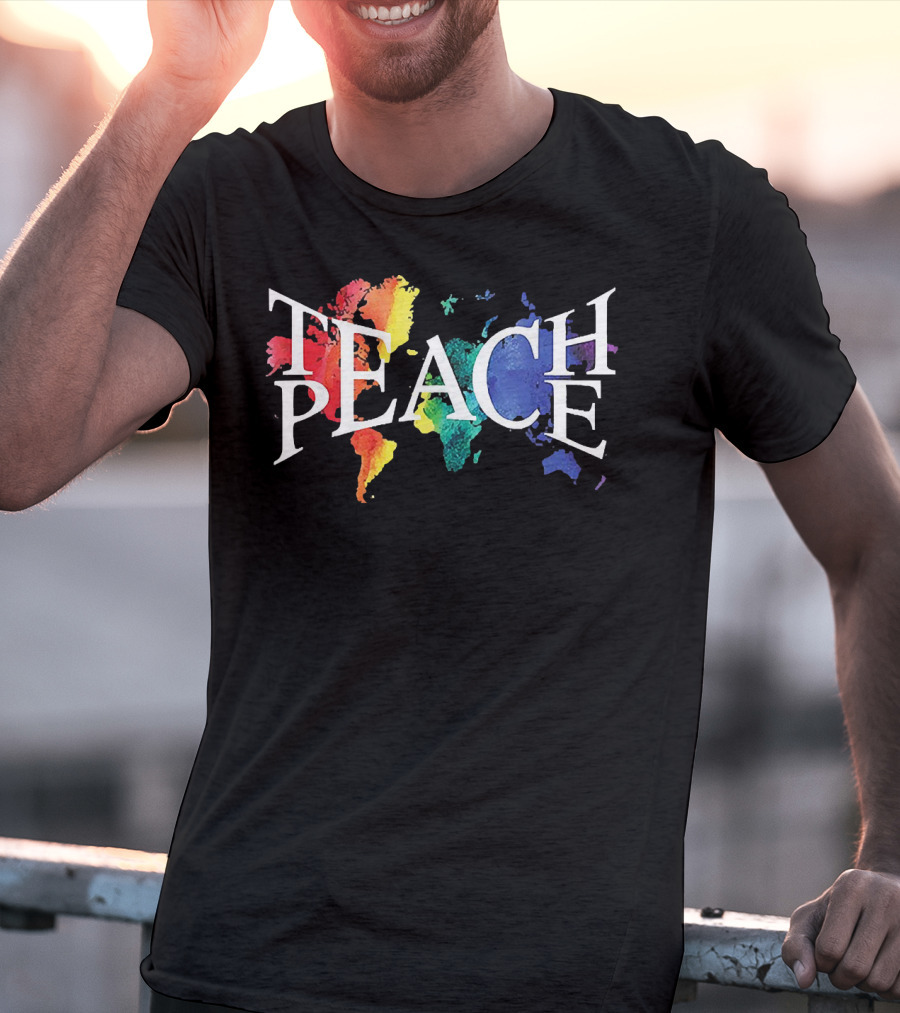 Teach Peace World Map Rainbow Colors T-Shirt