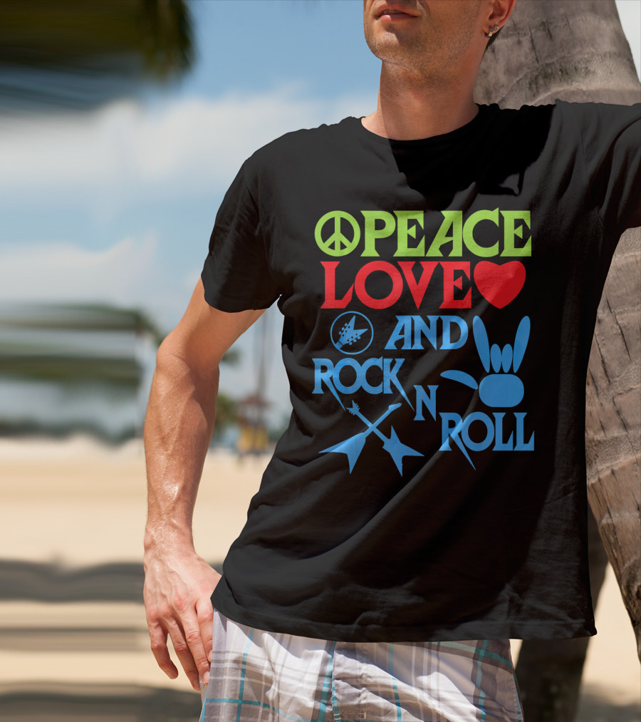 Peace Love Heart And Rock N Roll Peace Sign Guitar Hand Gesture T-Shirt