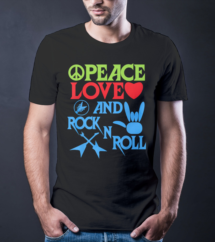 Peace Love Heart And Rock N Roll Peace Sign Guitar Hand Gesture T-Shirt