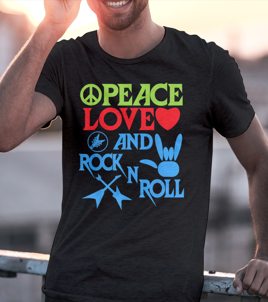Peace Love Heart And Rock N Roll Peace Sign Guitar Hand Gesture T-Shirt