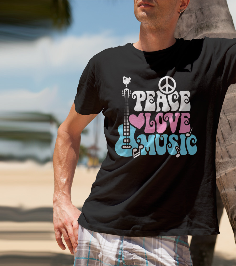 Peace Love Music Pastels With Guitar And Peace T-Shirt