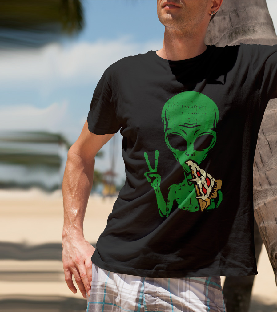 Alien Pizza Eating Peace Funny Space Are T-Shirt