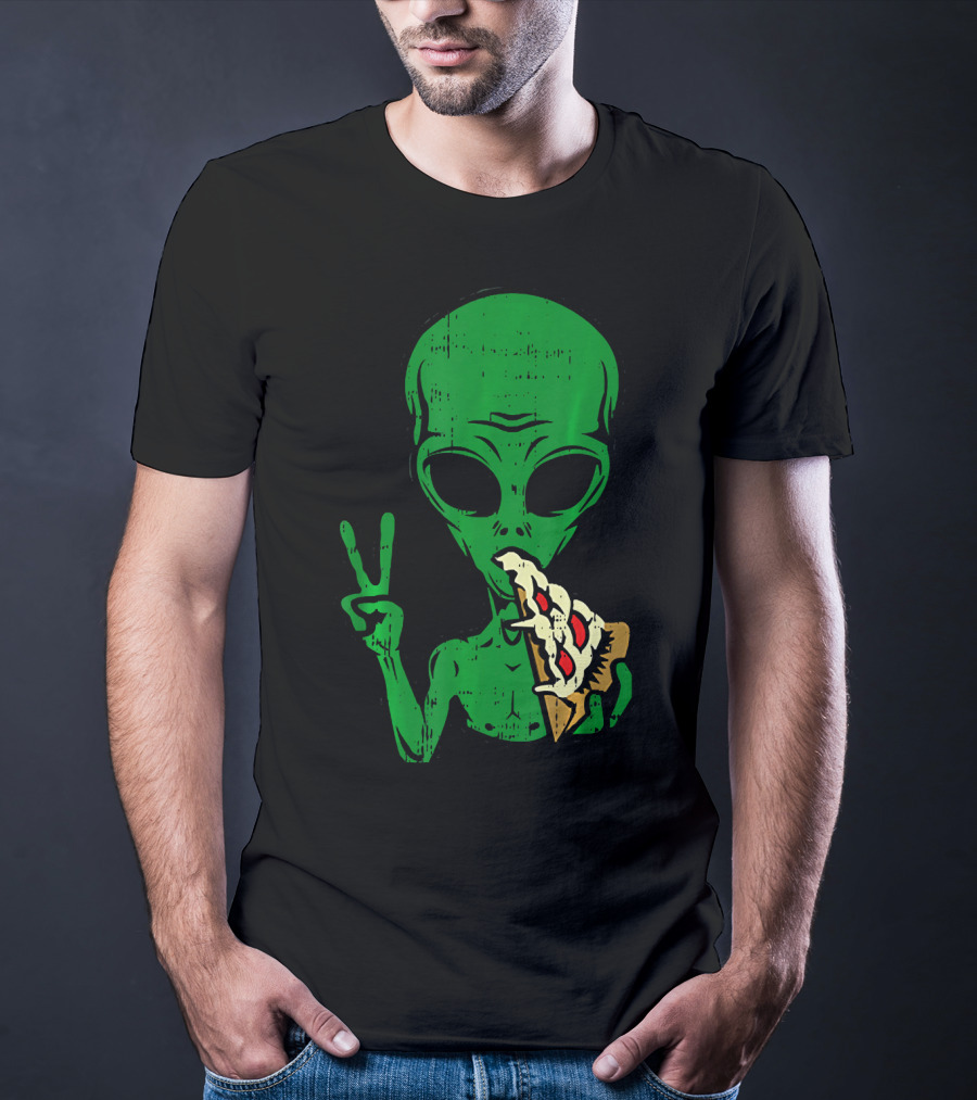 Alien Pizza Eating Peace Funny Space Are T-Shirt