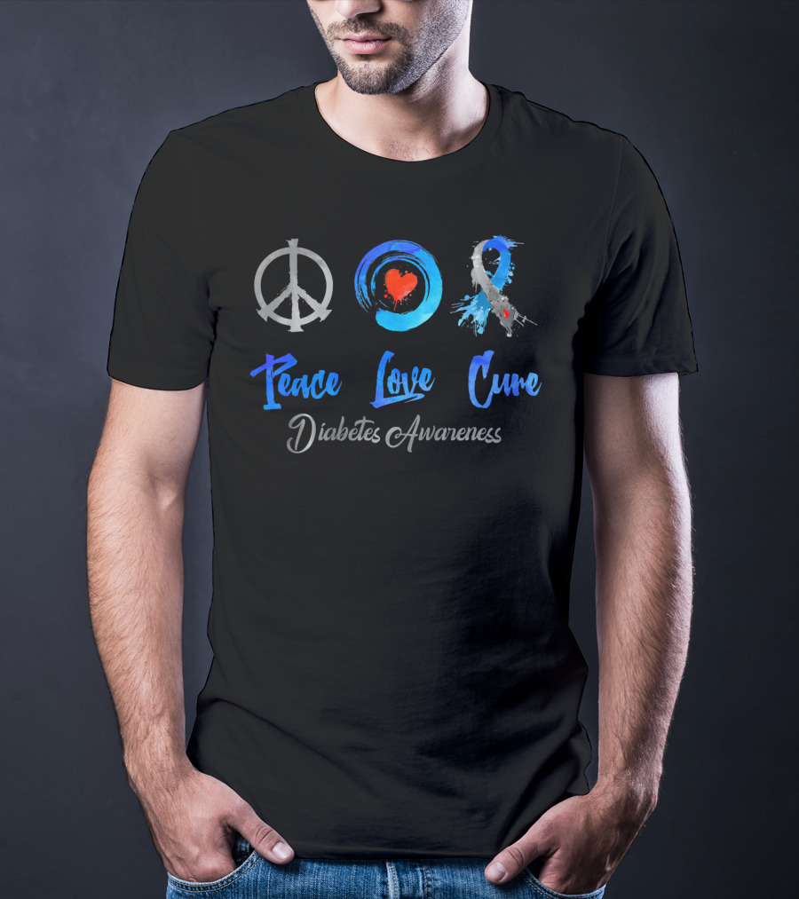 Peace Love Cure Diabetes Awareness Grey Blue T-Shirt