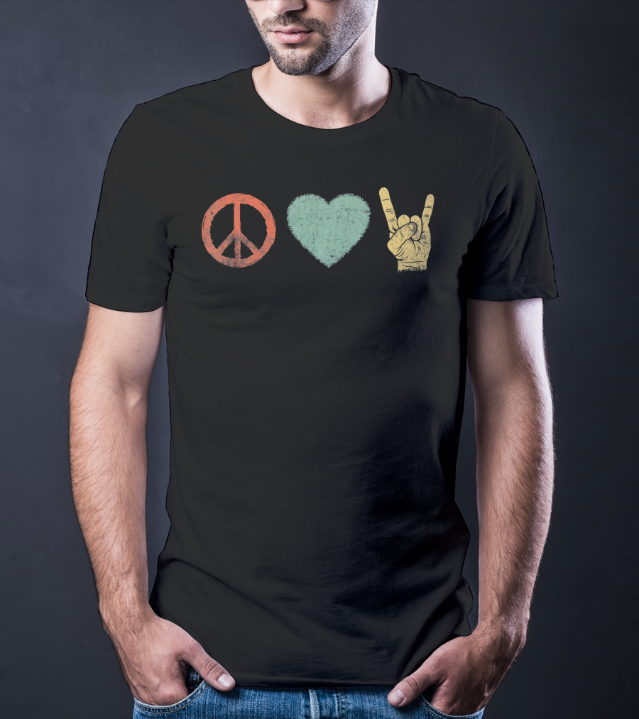 Peace Love Rock Gesture Retro Vintage Rock And Roll T-Shirt