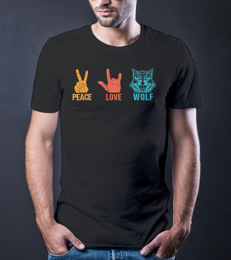 Peace Love Wolf Hand Signs Vintage Wolf Head T-Shirt