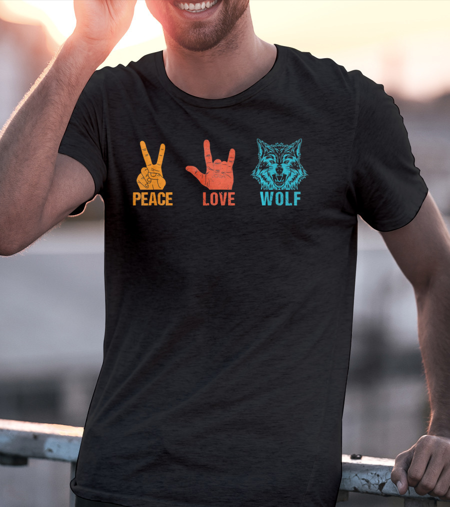 Peace Love Wolf Hand Signs Vintage Wolf Head T-Shirt