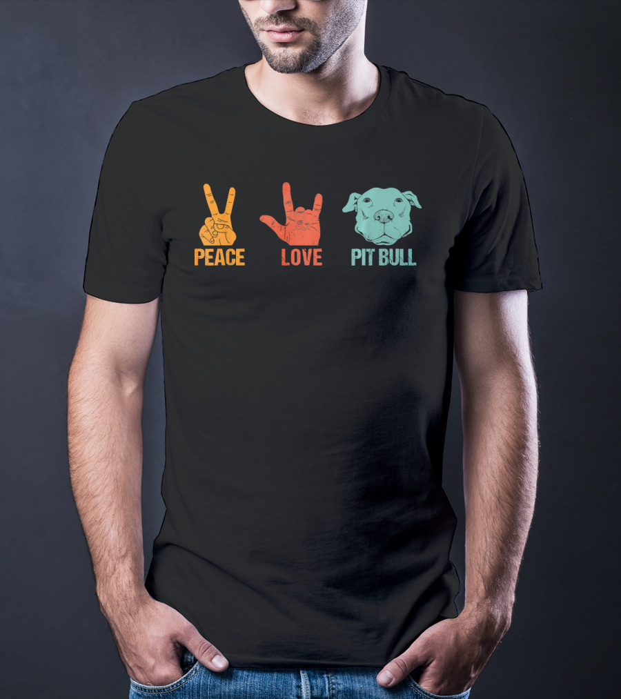 Peace Love Pit Bull Vintage Hand Signs Dog T-Shirt