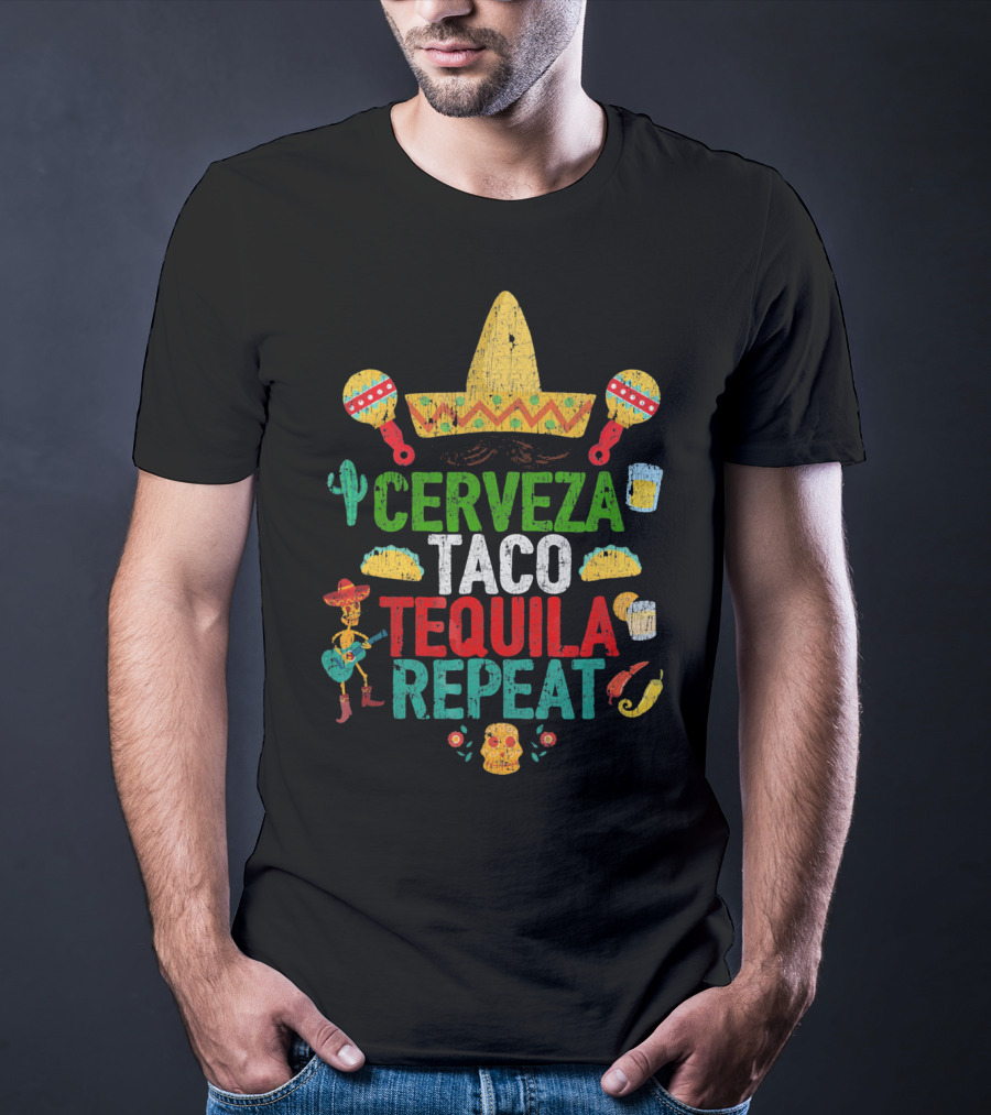 Cinco De Mayo Sombrero Cerveza Taco Tequila Repeat Party T-Shirt