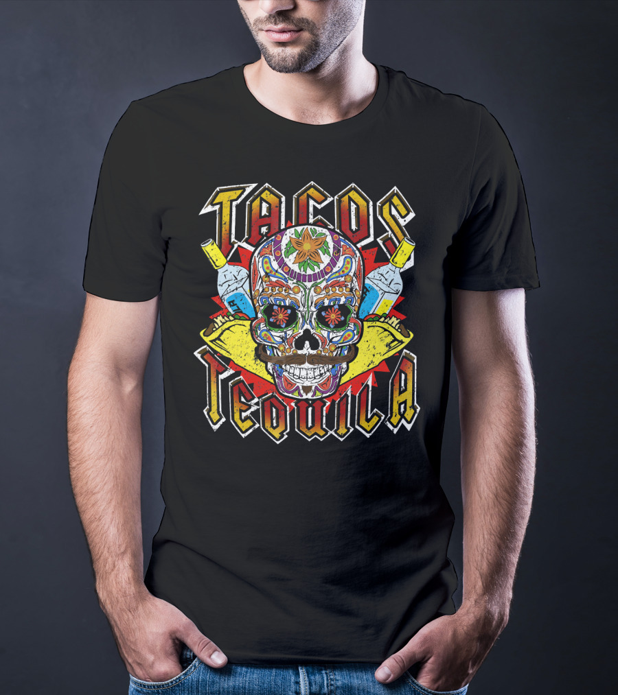 Tacos Tequila Sugar Skull Vintage Mexican T-Shirt