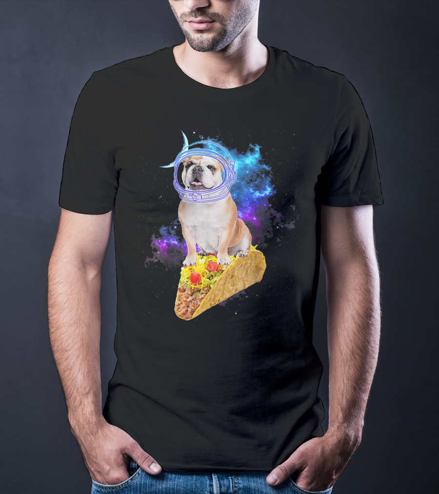 Space English Bulldog Astronaut Riding Taco In Galaxy T-Shirt