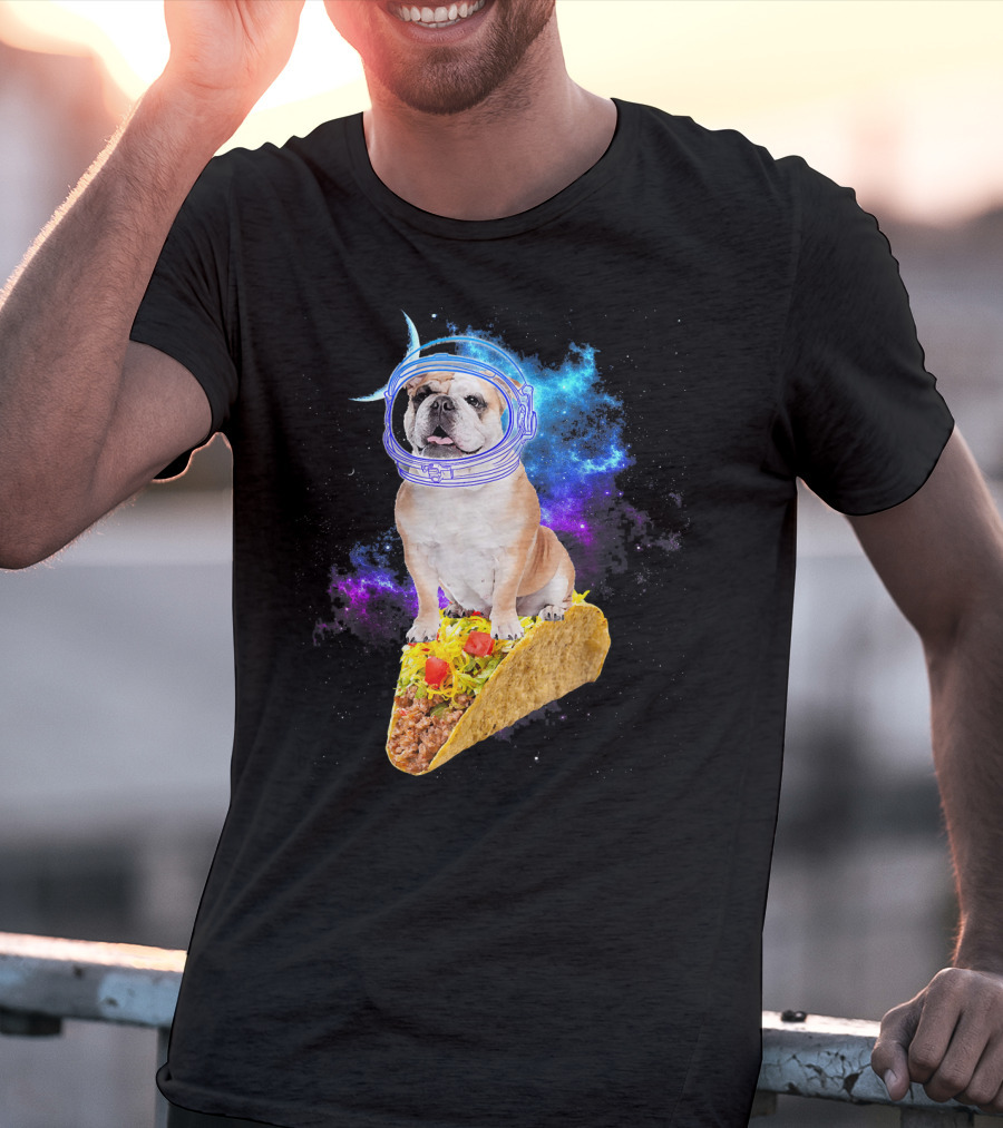 Space English Bulldog Astronaut Riding Taco In Galaxy T-Shirt
