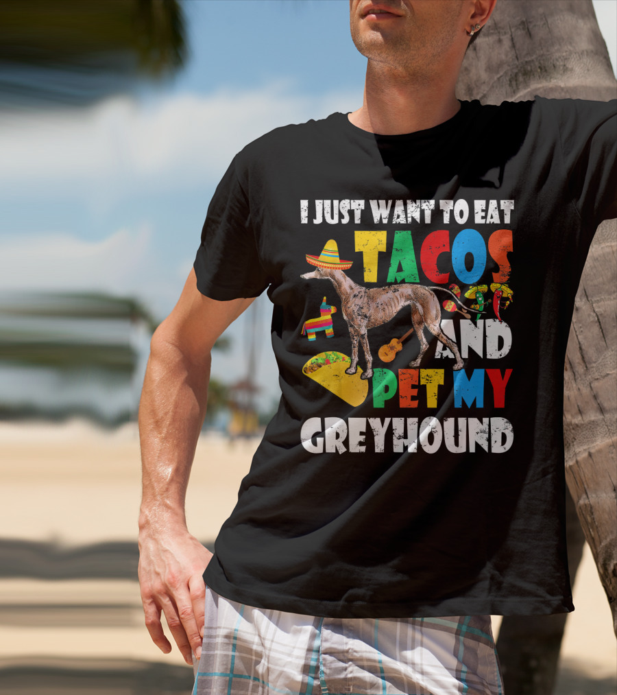 I Just Want To Eat Tacos And Pet My Greyhound Sombrero Pinata Guitar Peppers T-Shirt