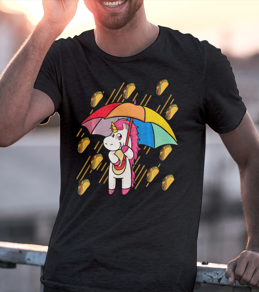 Raining Tacos Unicorn With Rainbow Umbrella T-Shirt