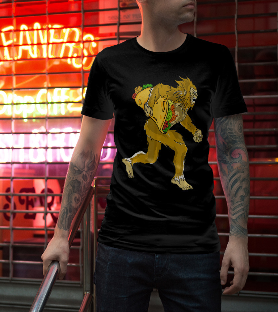 Bigfoot Running With Giant Taco In Hand For Exercise Scene T-Shirt
