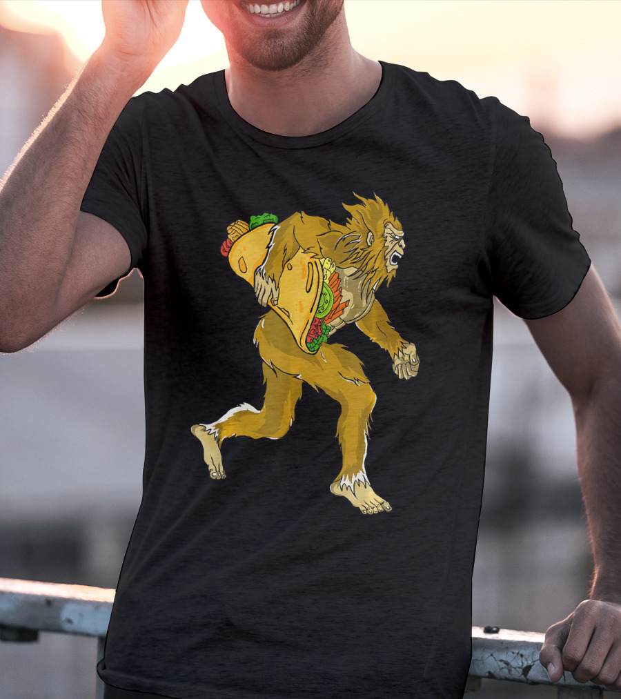 Bigfoot Running With Giant Taco In Hand For Exercise Scene T-Shirt