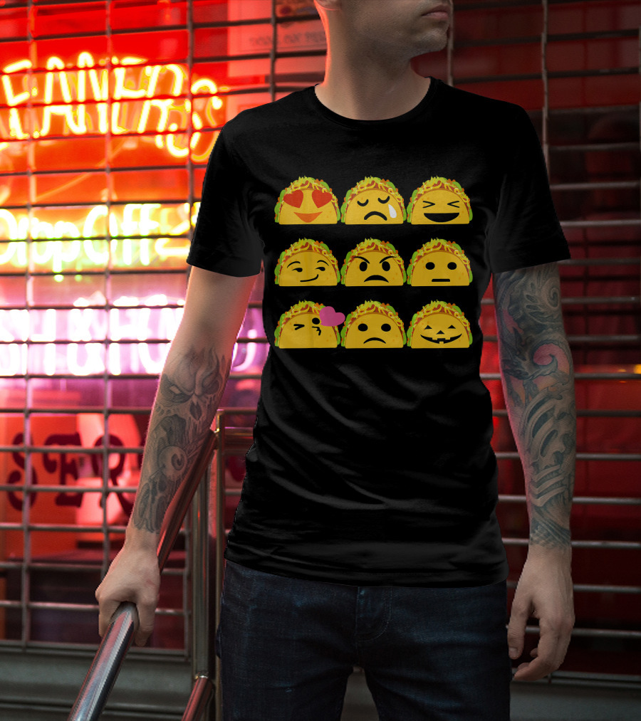 Taco Emoji Faces Heart Eyes Sad Crying Wink Kiss Laughing Pumpkin T-Shirt